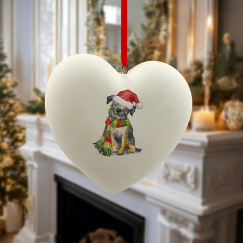 Border Terrier in Santa Hat Christmas Heart Bauble